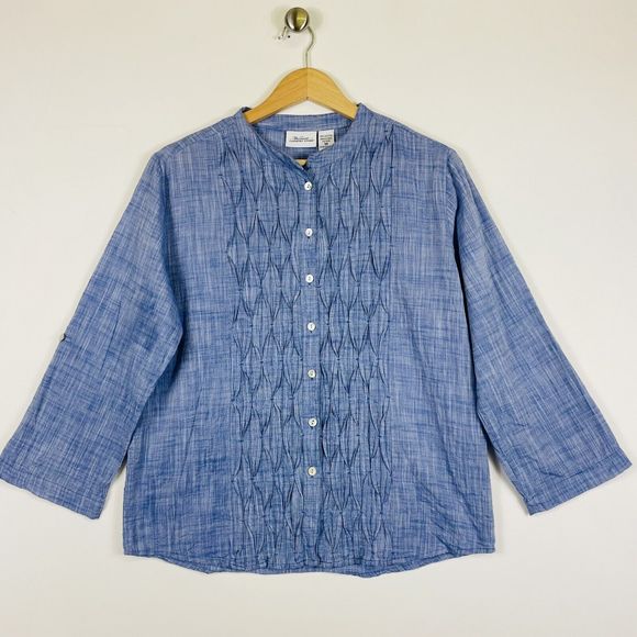 Vermont Country Store Blue Chambray 3/4 Roll Tab Sleeve Shirt Top Womens‎ Medium - Picture 1 of 6